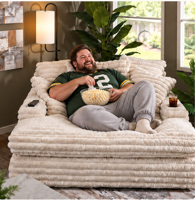 Jerry, a big bearded guy, laughing on a giant cream Jerry's stoner couch with a bowl of popcorn, the remote and a drink