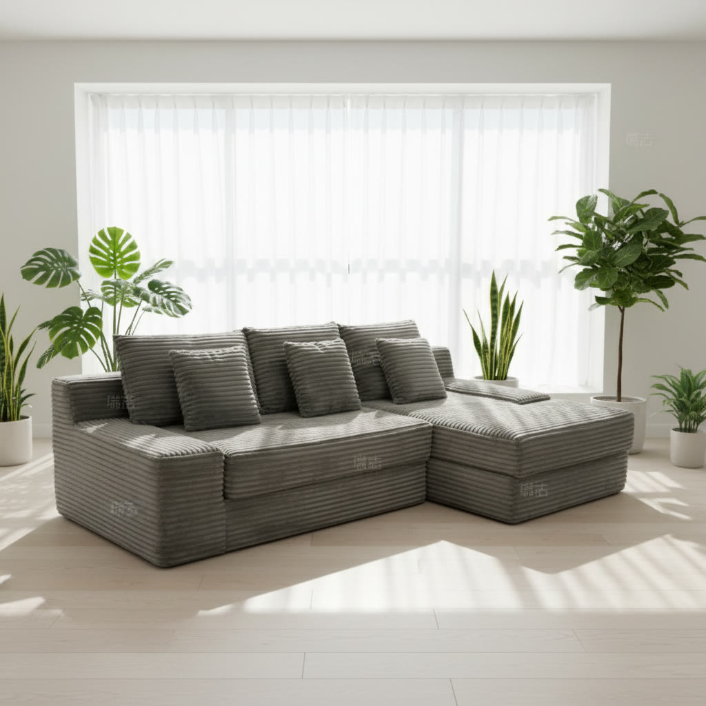 Jerry's big grey channel-tufted L-shaped sectional sofa bed in a bright living room